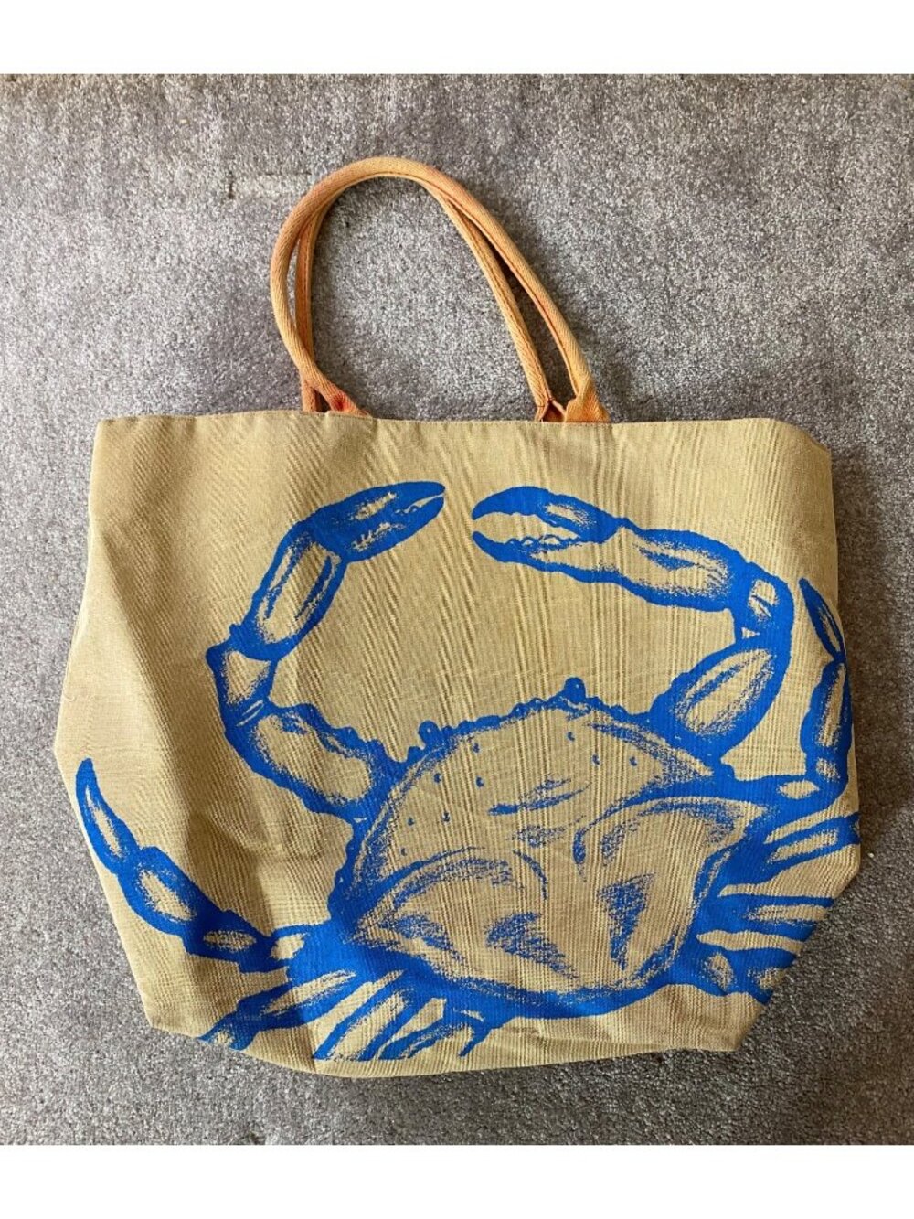 Large Canvas Tote Bag Blue Crab Print Dual Handles